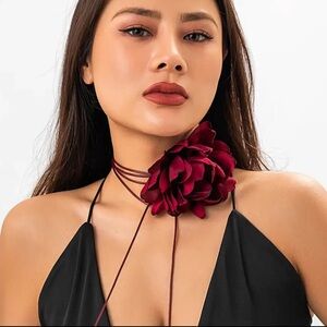 NEW Oversized Burgundy Red Flower Tie Choker Necklace